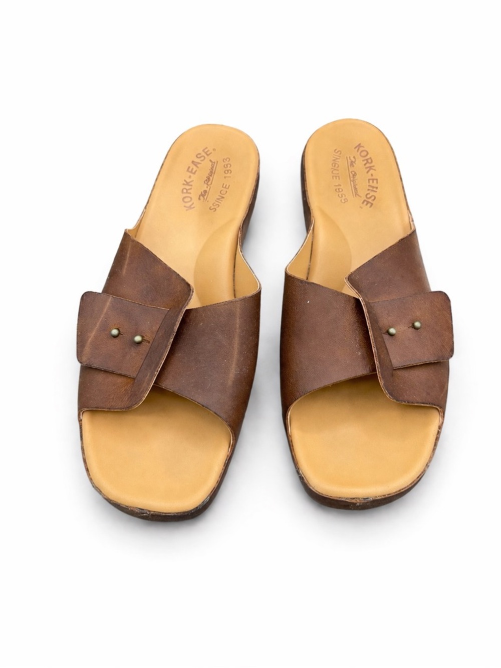 Kork-Ease Brown‎ Leather Slide Sandals Boho Minimalist Comfort Chic- Size 7